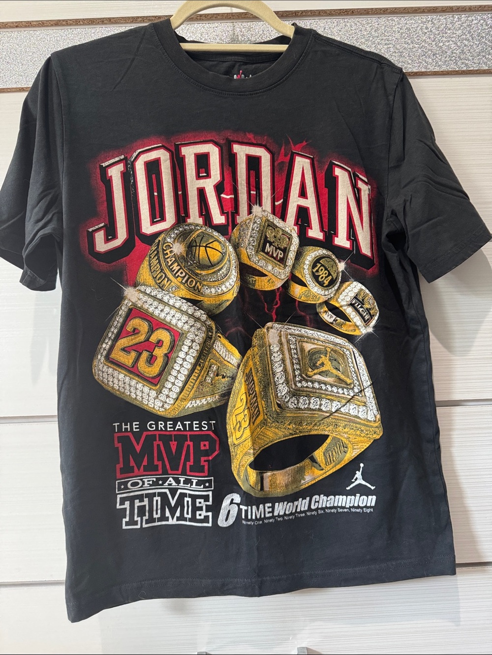 Jordan Black Tee with Red and Gold Championship Ring Graphics